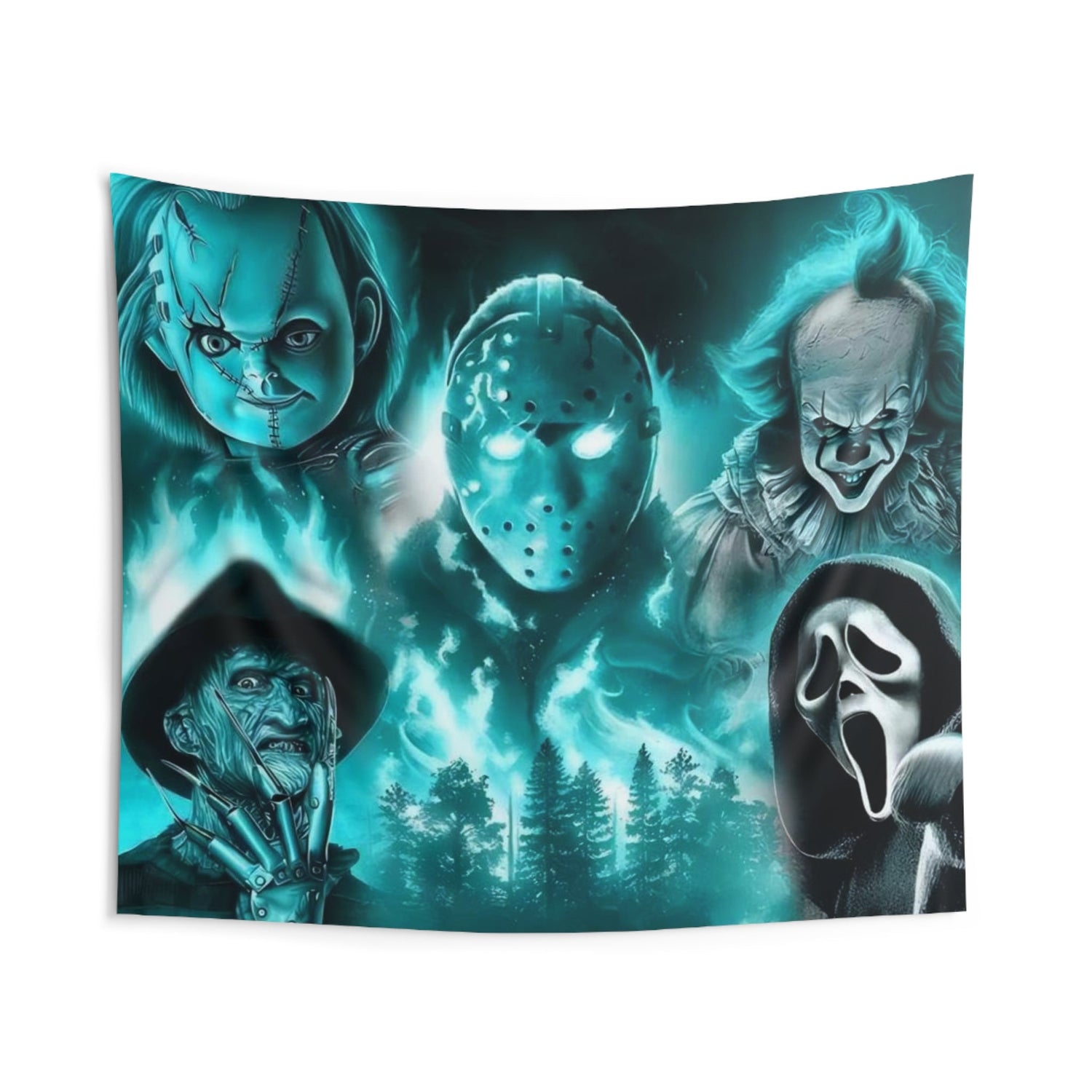 Horror movie legends, chucky, Ghostface, Freddy Krueger, horror fan, halloween decor, Wall Tapestries Daddy N Daughter Gemstones 